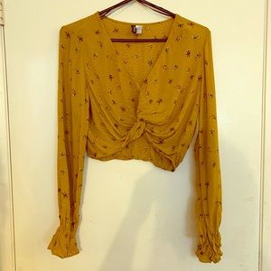 Mustard yellow floral knot crop top